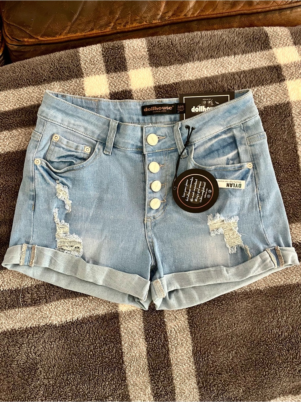 Dollhouse Light Wash Distressed Roll-Hem Jean Shorts
